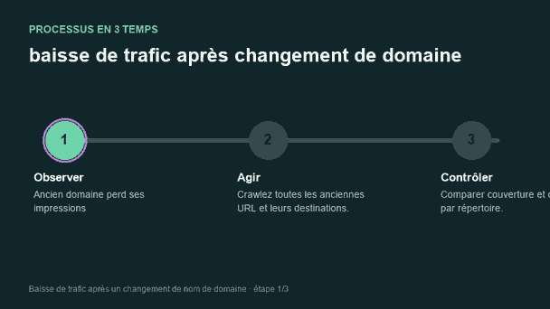Processus animé pour comprendre baisse de trafic après changement de domaine