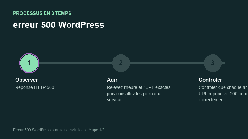 Processus animé pour comprendre erreur 500 WordPress