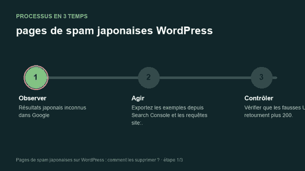 Processus animé pour comprendre pages de spam japonaises WordPress