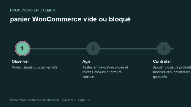 Processus animé pour comprendre panier WooCommerce vide ou bloqué