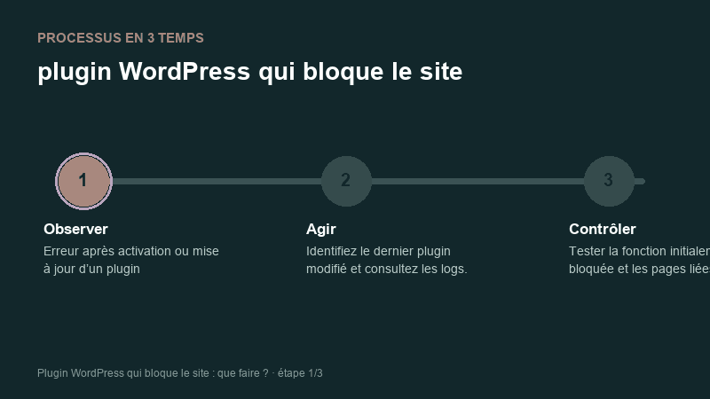 Processus animé pour comprendre plugin WordPress qui bloque le site